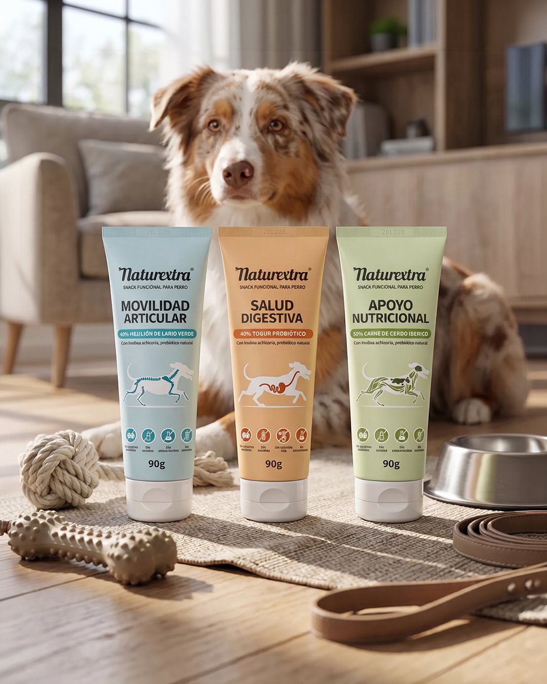 Envases de snacks funcionales Naturextra junto a un perro